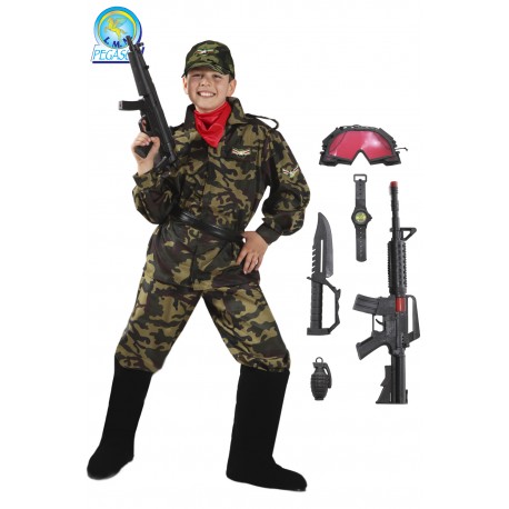 Costume Carnevale Bambino Soldato U.N.S. Marines - 5 Taglie 5-13 Anni con Accessori Militari Completi