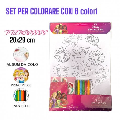 Album da Colorare Principesse Disney 20x29 cm con 6 Pastelli – Libro Attività per Bambini, Scuola e Regalini di Fine Festa