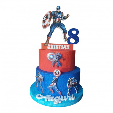 Torta di Compleanno Personalizzata Capitan America in Polistirolo – Nome ed Età in 3D Glitterato, Decorazione Supereroi