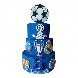 Torta Compleanno Personalizzata Champions League con Nome ed Età – 3 Livelli con Scudetti e Coppa