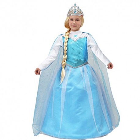 Costume di Carnevale Bambina Frozen Elsa Regina della Neve – Vestito Completo con Corona, Mantello e Sottonna a Cerchio