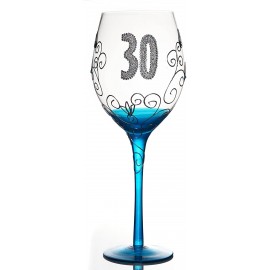 Calice in Vetro Decorato con Glitter e Decoro 3D - Numero 30 Azzurro - Idea Regalo Compleanno/Anniversario