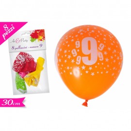 BUSTA DI PALLONCINO C/NUMERO '9' ASSORTITI DI COLORE  8PZ