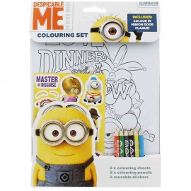 Set Disegno Minions: 6 Matite Colorate, 8 Scene da Colorare e 15 Stickers per Bambini