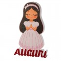 Sagoma Bambina Prima Comunione Glitter con Scritte Auguri, Altezza 70 cm con Base d'Appoggio