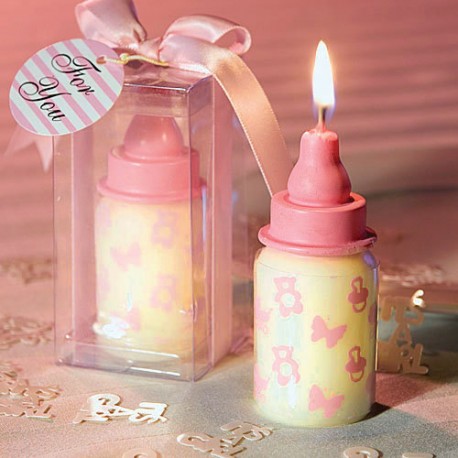 Candela Biberon in Confezione Regalo con Nastro - Ideale per Nascita e Battesimo - Colore Rosa 7 cm"