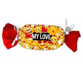 Cuscino a Forma di Caramella con Faccine Sorridenti e Cuoricini - 'My Love', Dimensioni 35x26 cm"