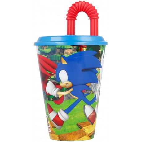 Bicchiere con Cannuccia Sonic Disney in Plastica - 430 ml